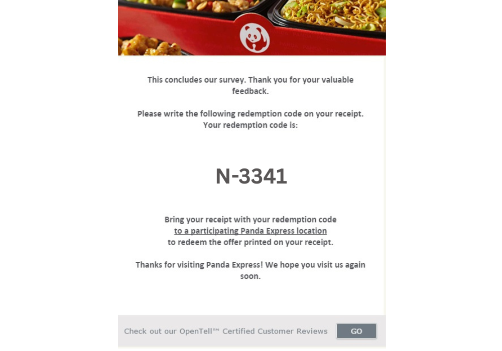 Panda Express survey free meal coupon.