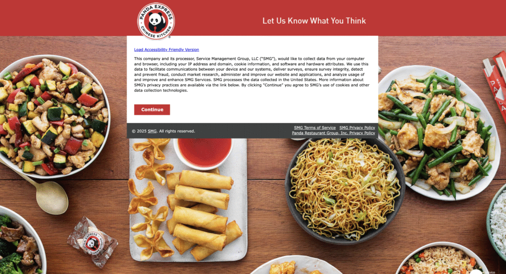 Welcome screen to international panda express survey
