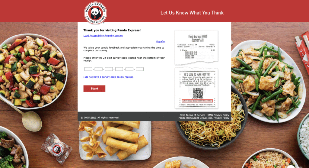 Panda Express survey 24 digit code entry