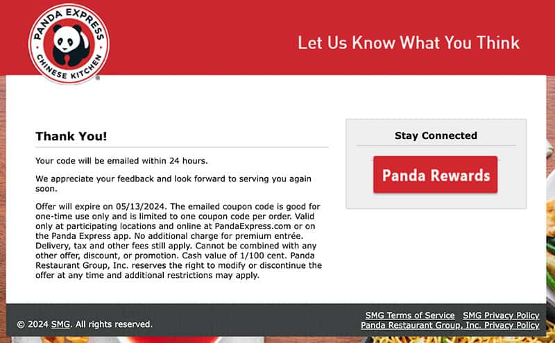 Panda Express survey thankyou page